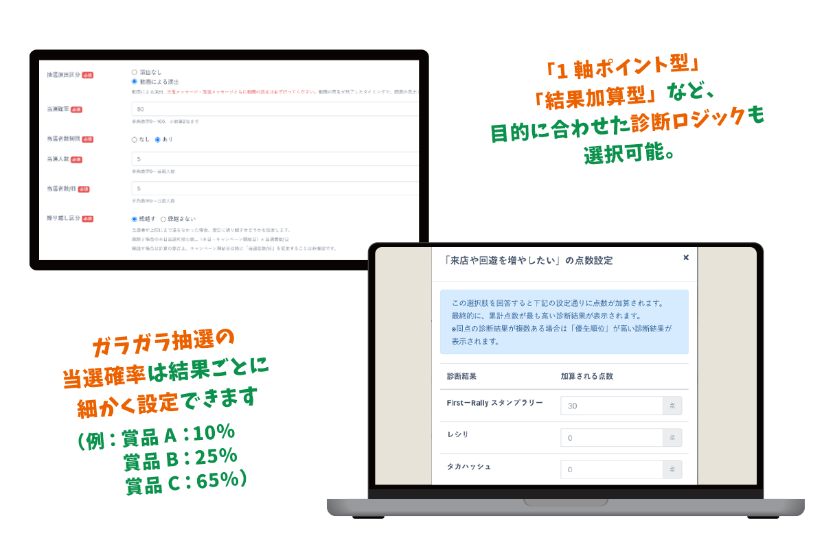 診断設計や当選確率のカスタマイズ機能